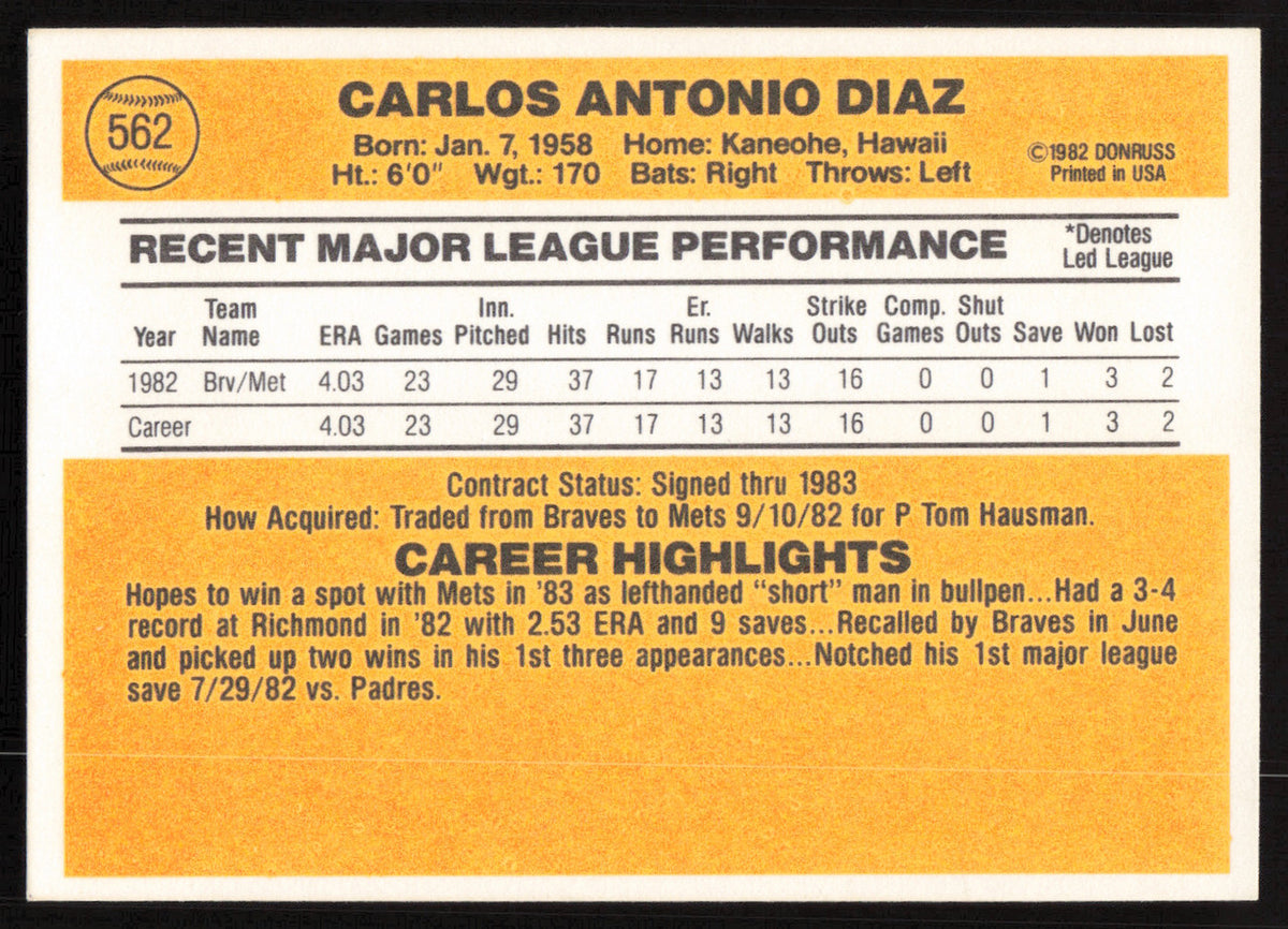 Carlos Diaz Autographed 1983 Donruss Card #562 Atlanta Braves SKU #264639