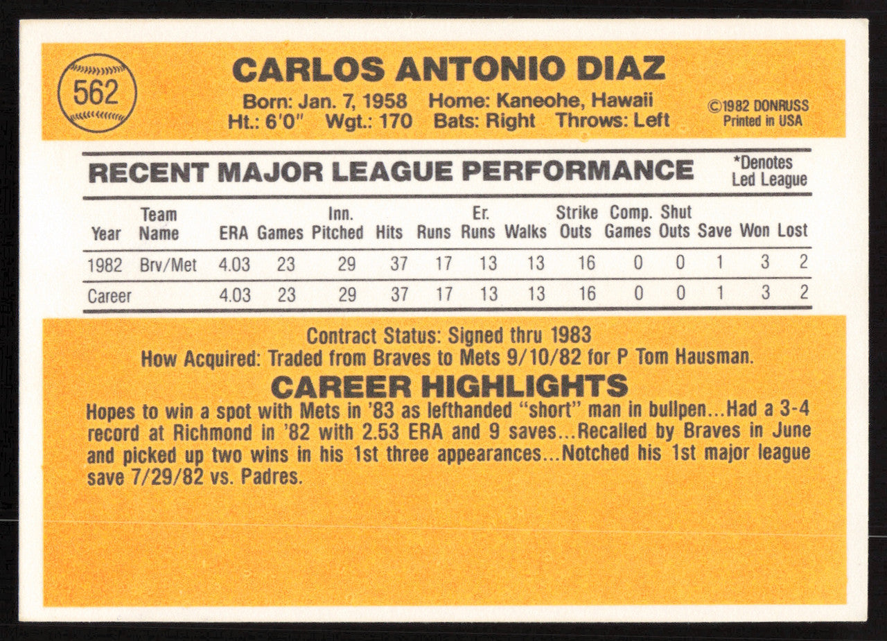 Carlos Diaz Autographed 1983 Donruss Card #562 Atlanta Braves SKU #264640