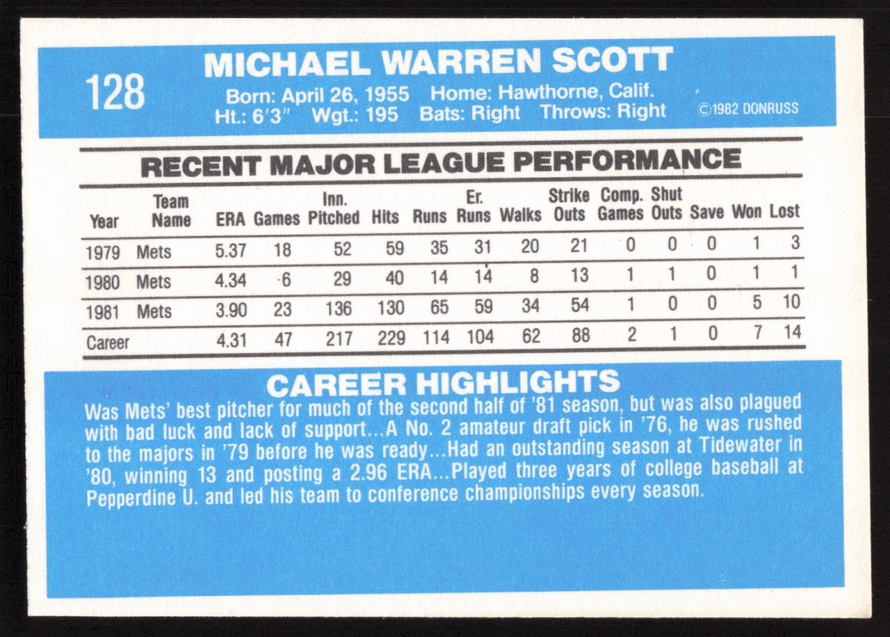 Mike Scott Autographed 1982 Donruss Card #128 New York Mets SKU #264696