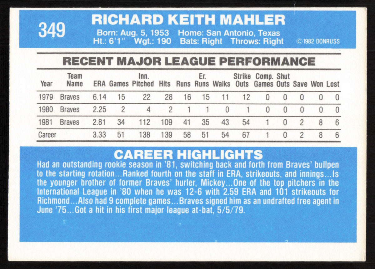 Rick Mahler Autographed 1982 Donruss Card #349 Atlanta Braves SKU #264717