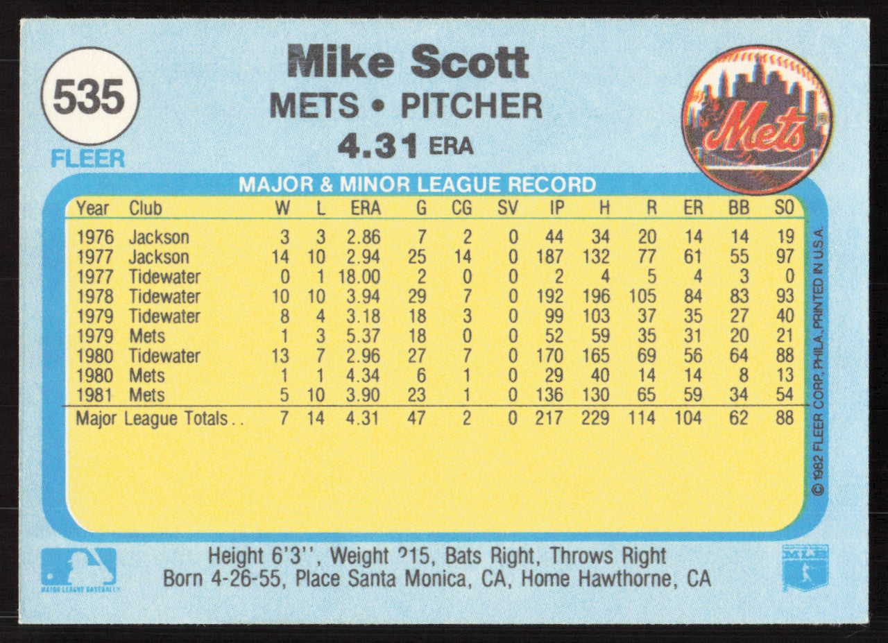 Mike Scott Autographed 1982 Fleer Card #535 New York Mets SKU #264780