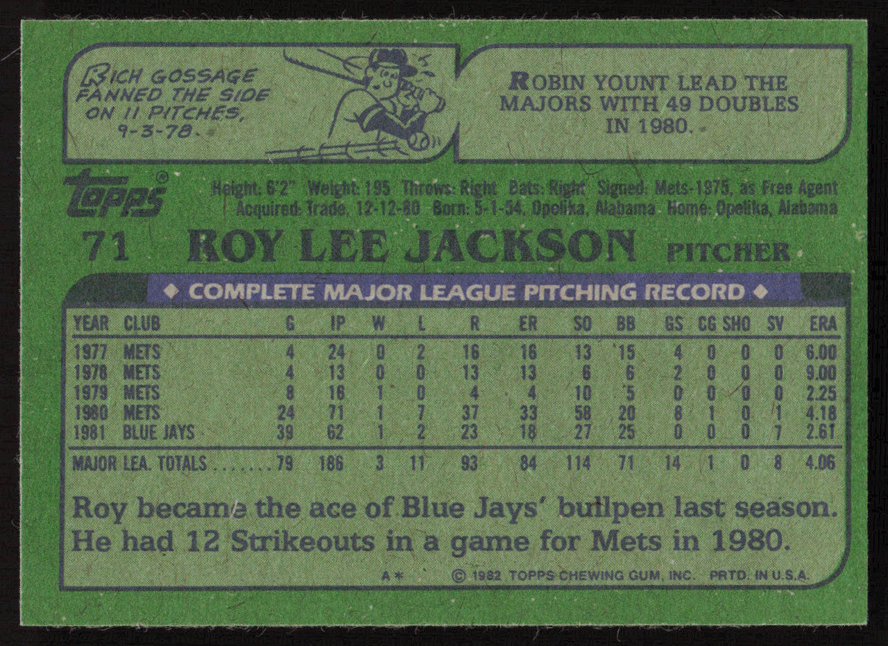 Roy Lee Jackson Autographed 1982 Topps Card #71 Toronto Blue Jays SKU #264798