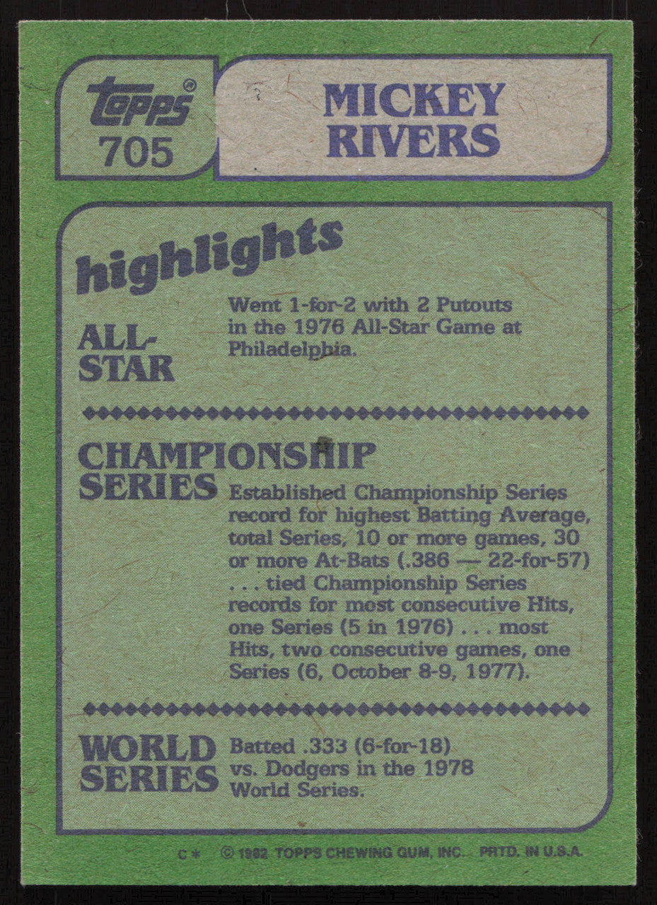 Mickey Rivers Autographed 1982 Topps Card #705 Texas Rangers SKU #264830
