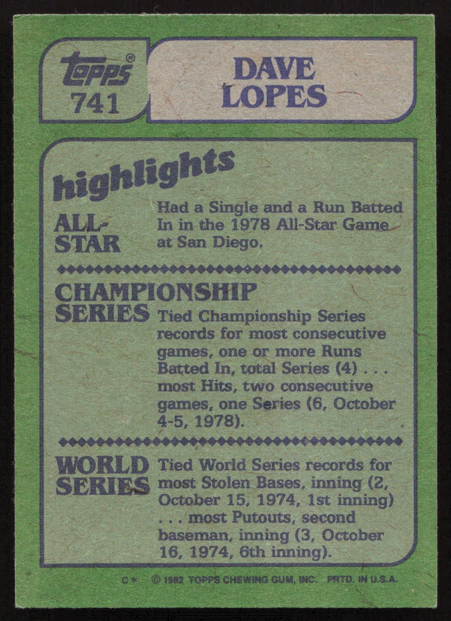 Dave Davey Lopes Autographed 1982 Topps Card #741 Los Angeles Dodgers SKU #264837
