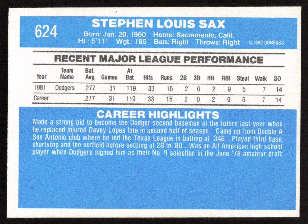 Steve Sax Autographed 1982 Donruss Rookie Card #624 Los Angeles Dodgers SKU #264849