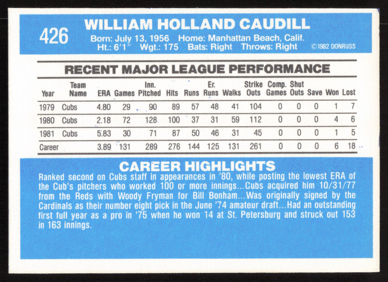 Bill Caudill Autographed 1982 Donruss Card #426 Chicago Cubs SKU #264862