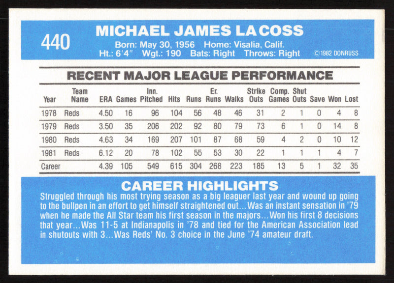 Mike LaCoss Autographed 1982 Donruss Card #440 Cincinnati Reds SKU #264865