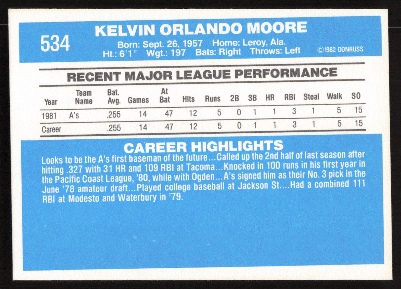 Kelvin Moore Autographed 1982 Donruss Card #534 Oakland A's SKU #264868