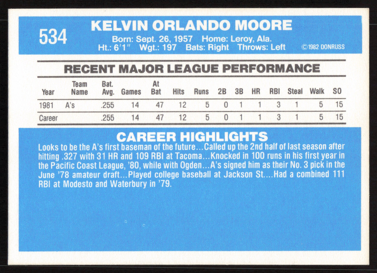 Kelvin Moore Autographed 1982 Donruss Card #534 Oakland A's SKU #264870