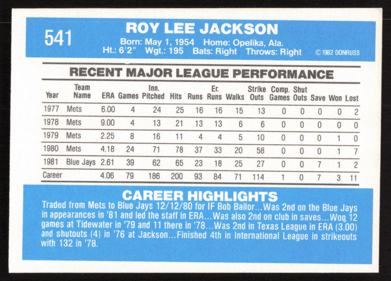 Roy Lee Jackson Autographed 1982 Donruss Card #541 Toronto Blue Jays SKU #264872
