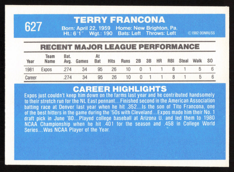 Terry Francona Autographed 1982 Donruss Rookie Card #627 Montreal Expos SKU #264886
