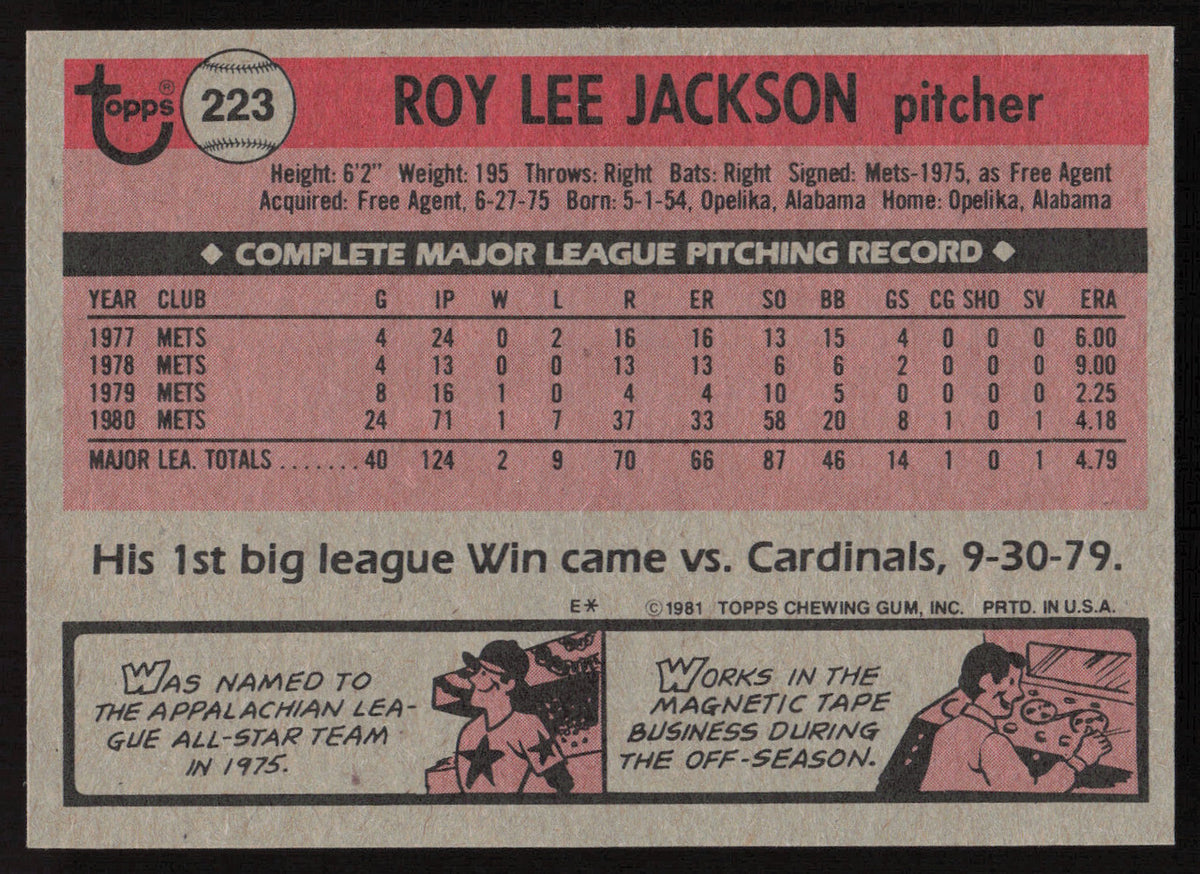 Roy Lee Jackson Autographed 1981 Topps Card #223 New York Mets SKU #264920