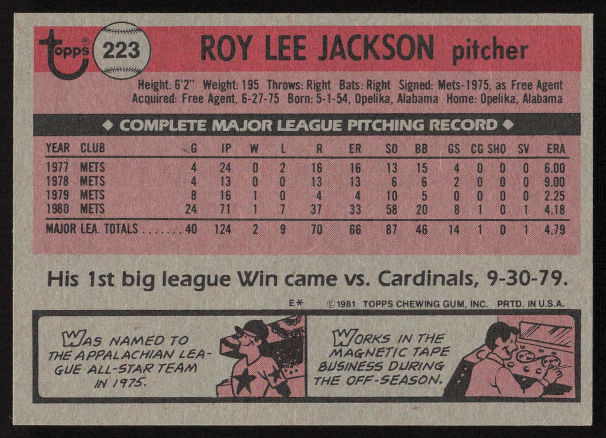 Roy Lee Jackson Autographed 1981 Topps Card #223 New York Mets SKU #264921