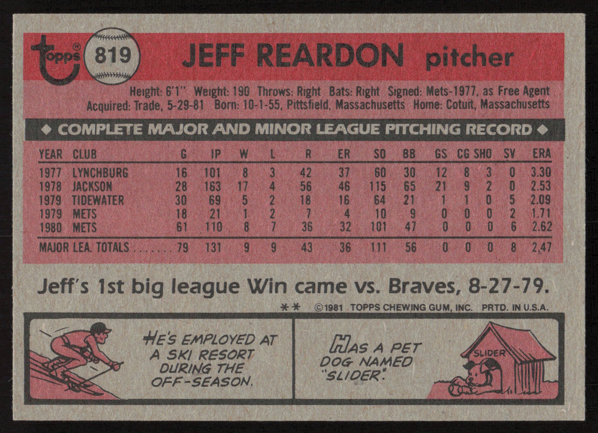 Jeff Reardon Autographed 1981 Topps Traded Card #819 Montreal Expos SKU #264960