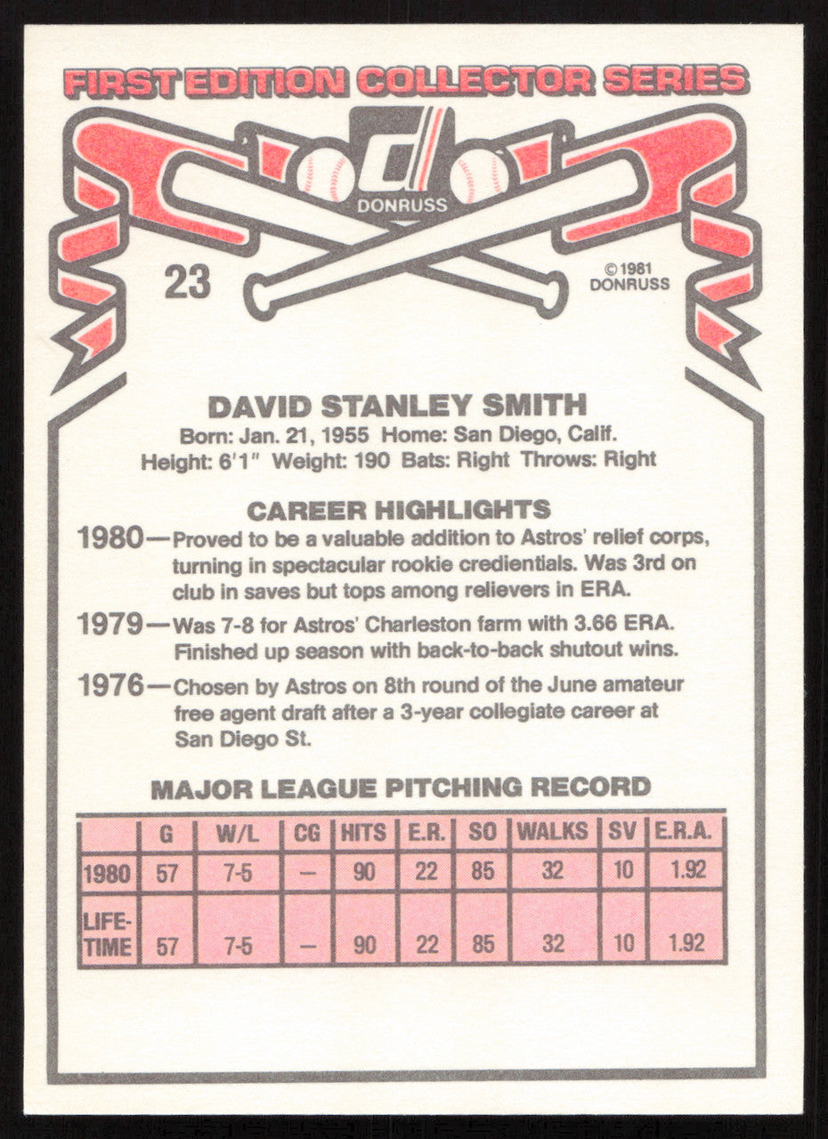 Dave Smith Autographed 1981 Donruss Card #23 Houston Astros SKU #264968