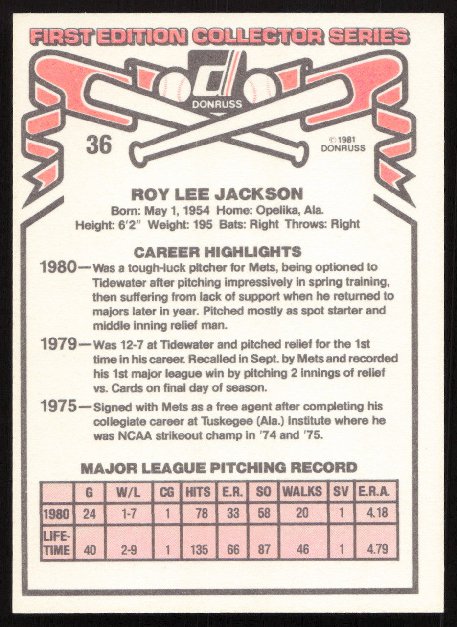Roy Lee Jackson Autographed 1981 Donruss Card #36 New York Mets SKU #264970