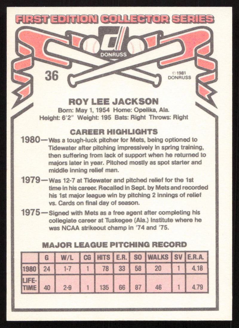 Roy Lee Jackson Autographed 1981 Donruss Card #36 New York Mets SKU #264970