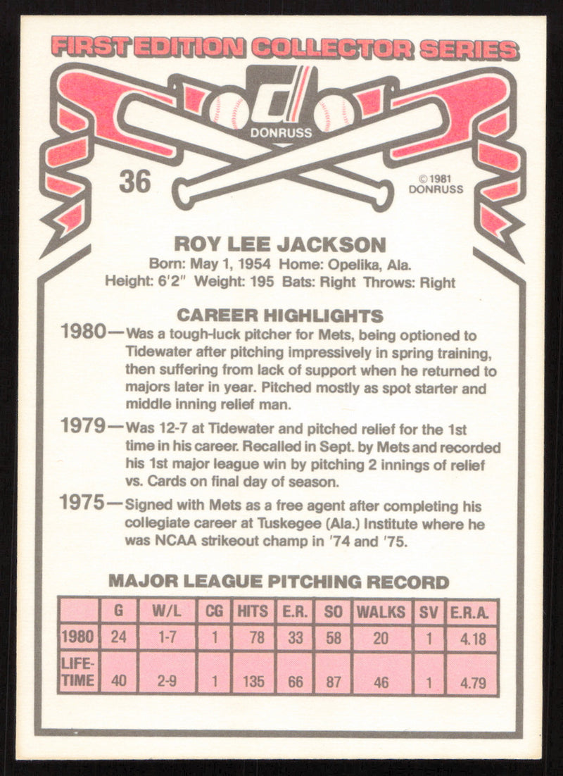 Roy Lee Jackson Autographed 1981 Donruss Card #36 New York Mets SKU #264972