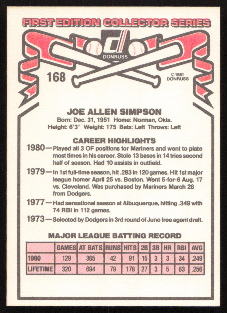 Joe Simpson Autographed 1981 Donruss Card #168 Seattle Mariners SKU #264980