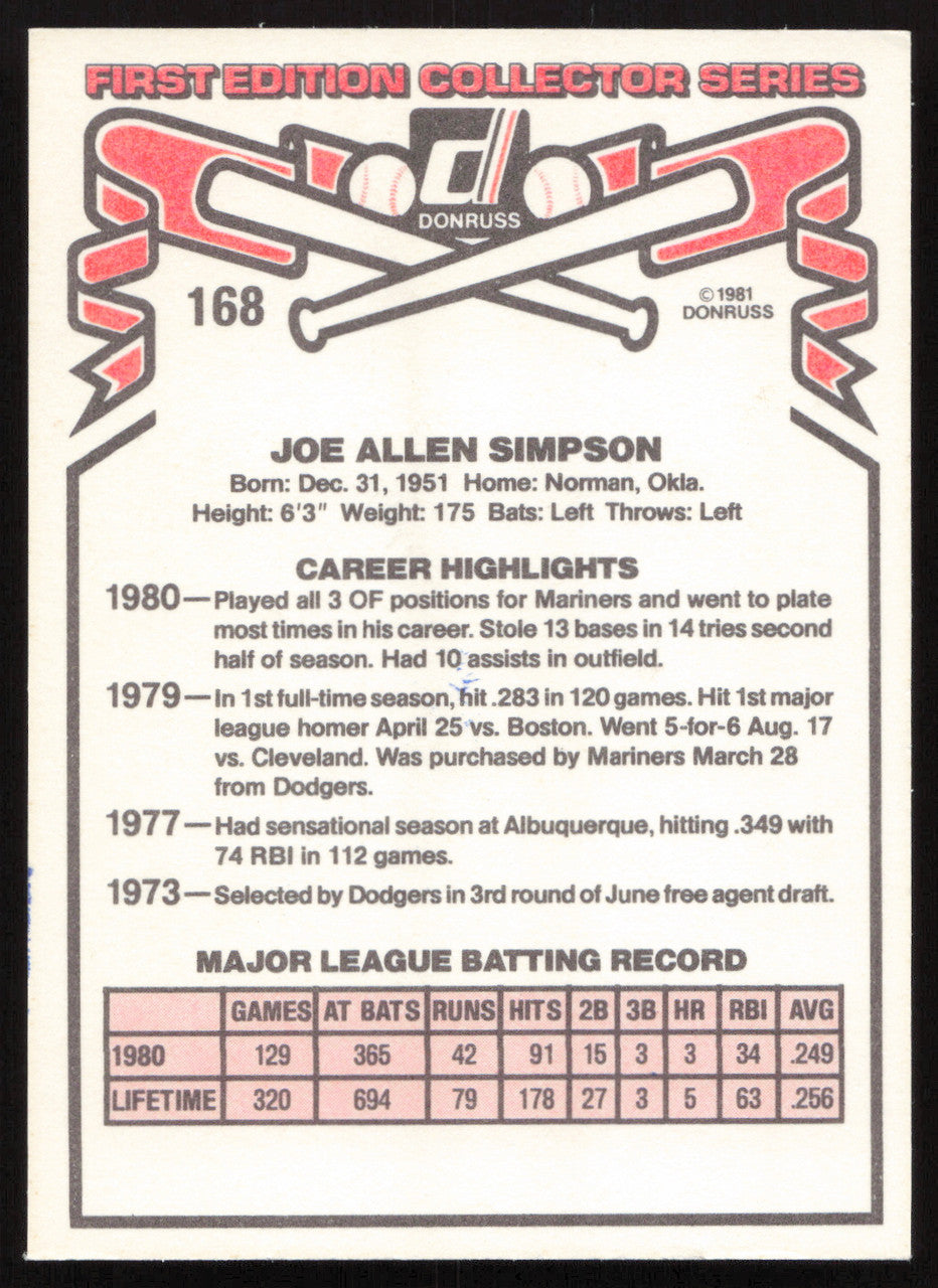 Joe Simpson Autographed 1981 Donruss Card #168 Seattle Mariners SKU #264981