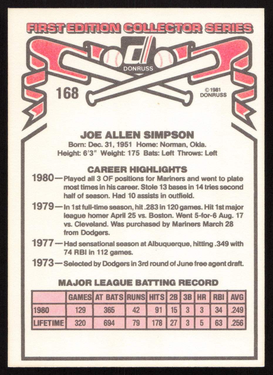 Joe Simpson Autographed 1981 Donruss Card #168 Seattle Mariners SKU #264982