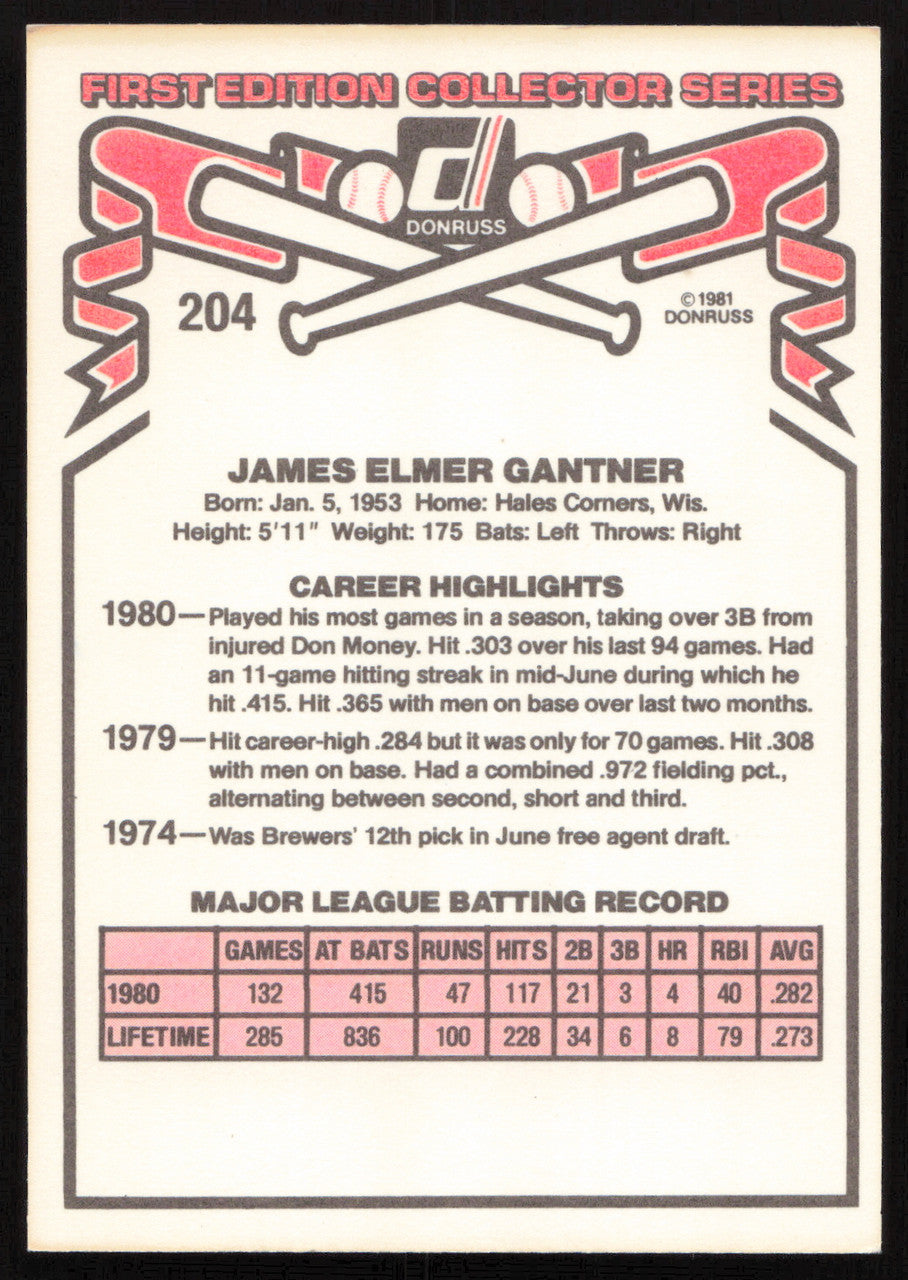 Jim Gantner Autographed 1981 Donruss Card #204 Milwaukee Brewers SKU #264986
