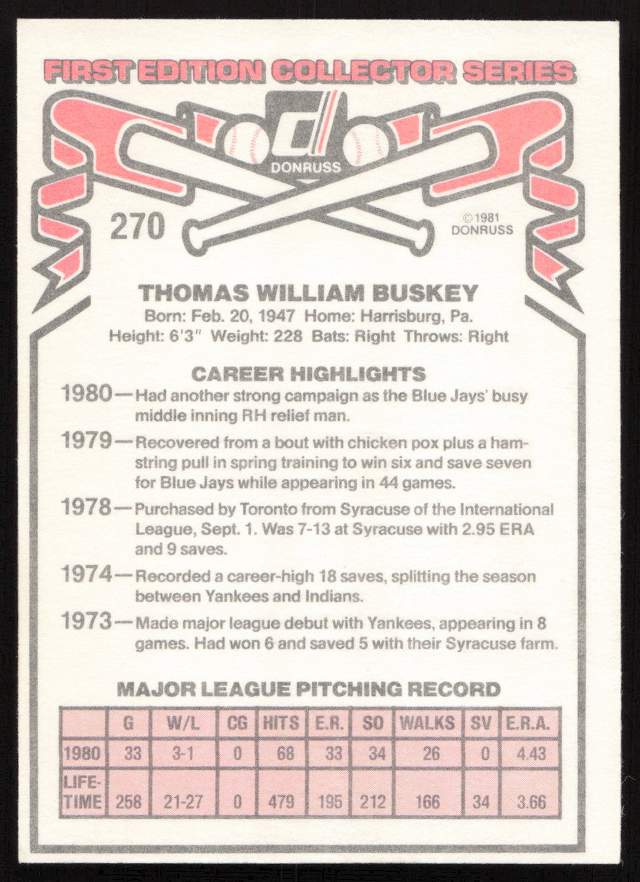 Tom Buskey Autographed 1981 Donruss Card #270 Toronto Blue Jays SKU #264998