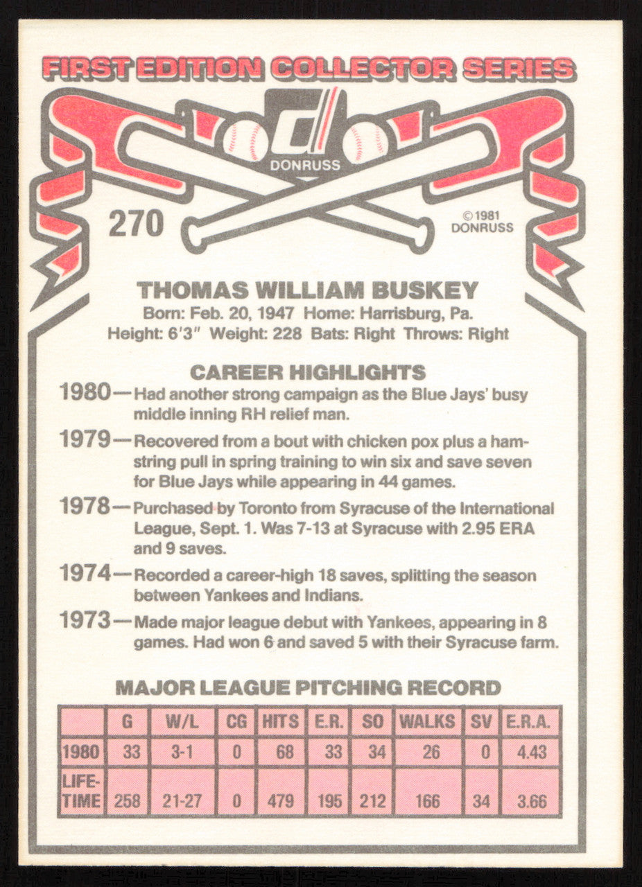 Tom Buskey Autographed 1981 Donruss Card #270 Toronto Blue Jays SKU #264999