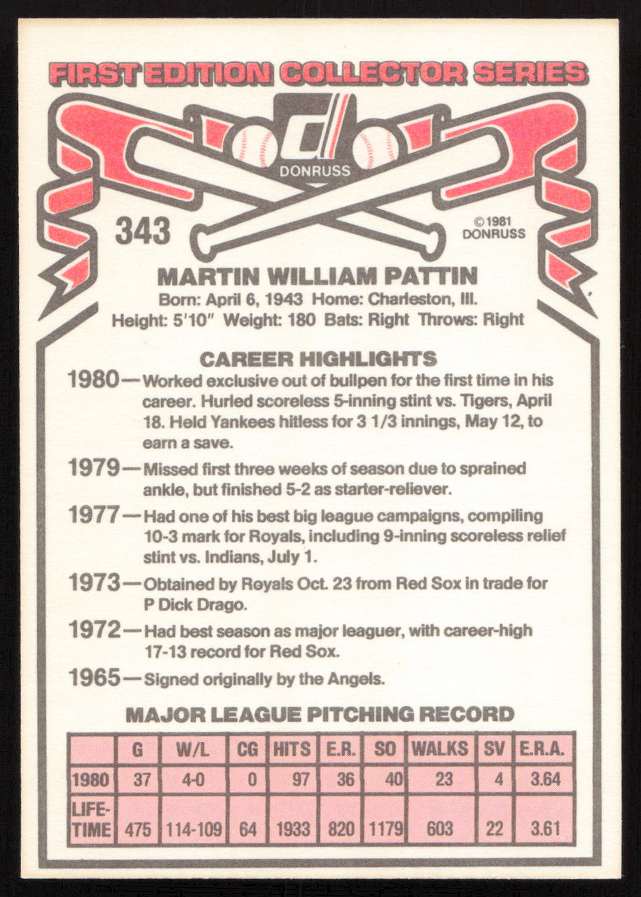 Marty Pattin Autographed 1981 Donruss Card #343 Kansas City Royals SKU #265003