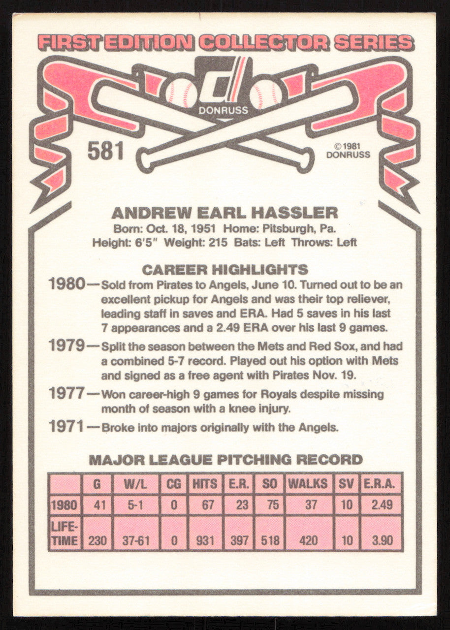 Andy Hassler Autographed 1981 Donruss Card #581 California Angels SKU #265007