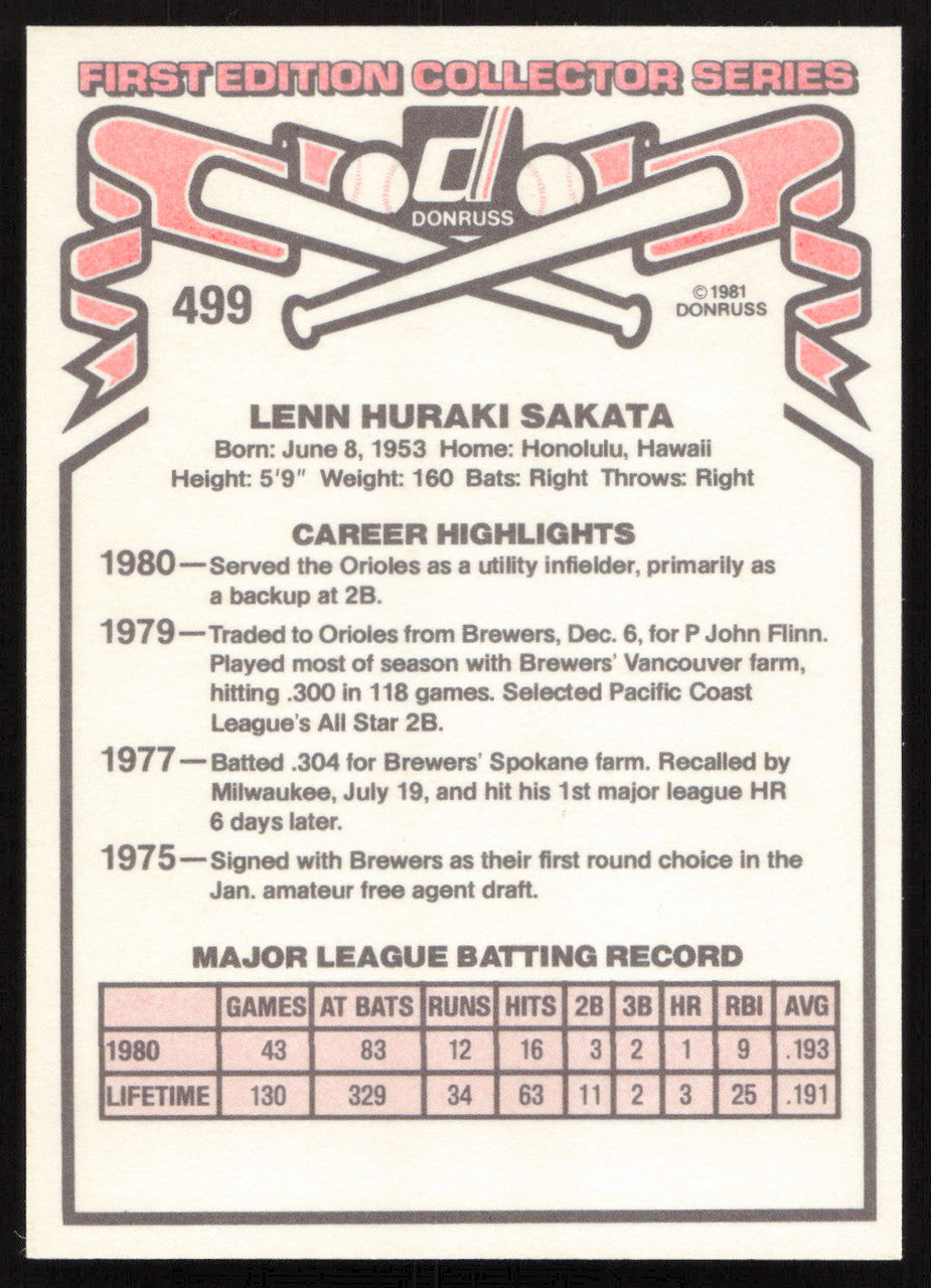 Lenn Sakata Autographed 1981 Donruss Card #499 Baltimore Orioles SKU #265016