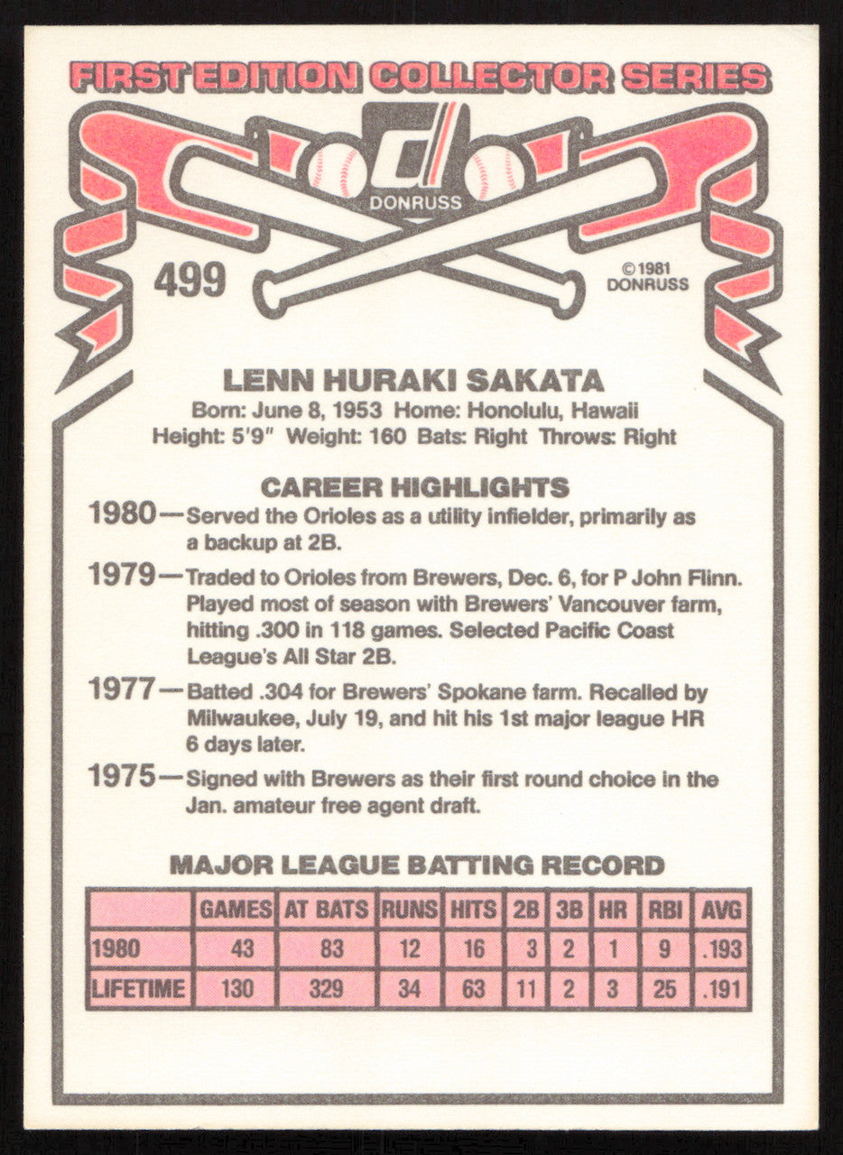 Lenn Sakata Autographed 1981 Donruss Card #499 Baltimore Orioles SKU #265017