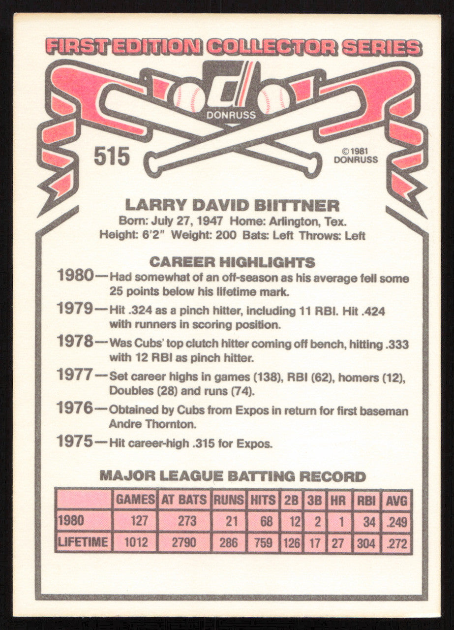 Larry Biittner Autographed 1981 Donruss Card #515 Chicago Cubs SKU #265021