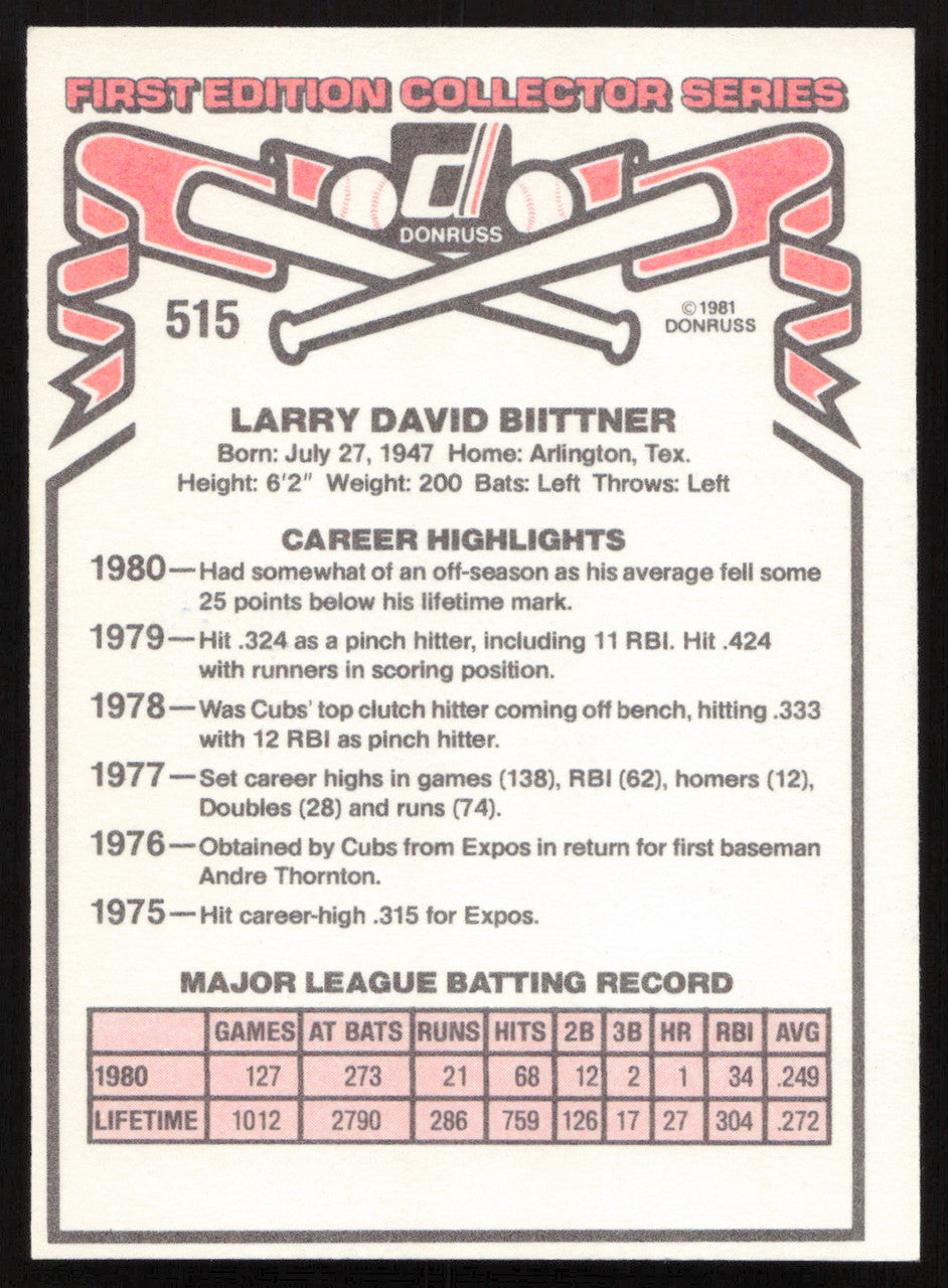 Larry Biittner Autographed 1981 Donruss Card #515 Chicago Cubs SKU #265022