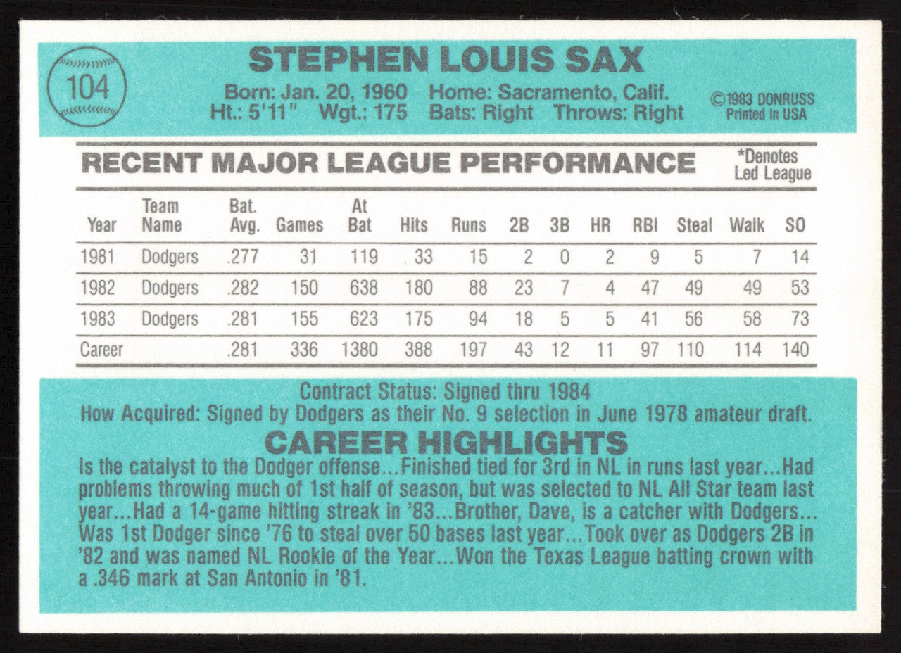 Steve Sax Autographed 1984 Donruss Card #104 Los Angeles Dodgers SKU #265122