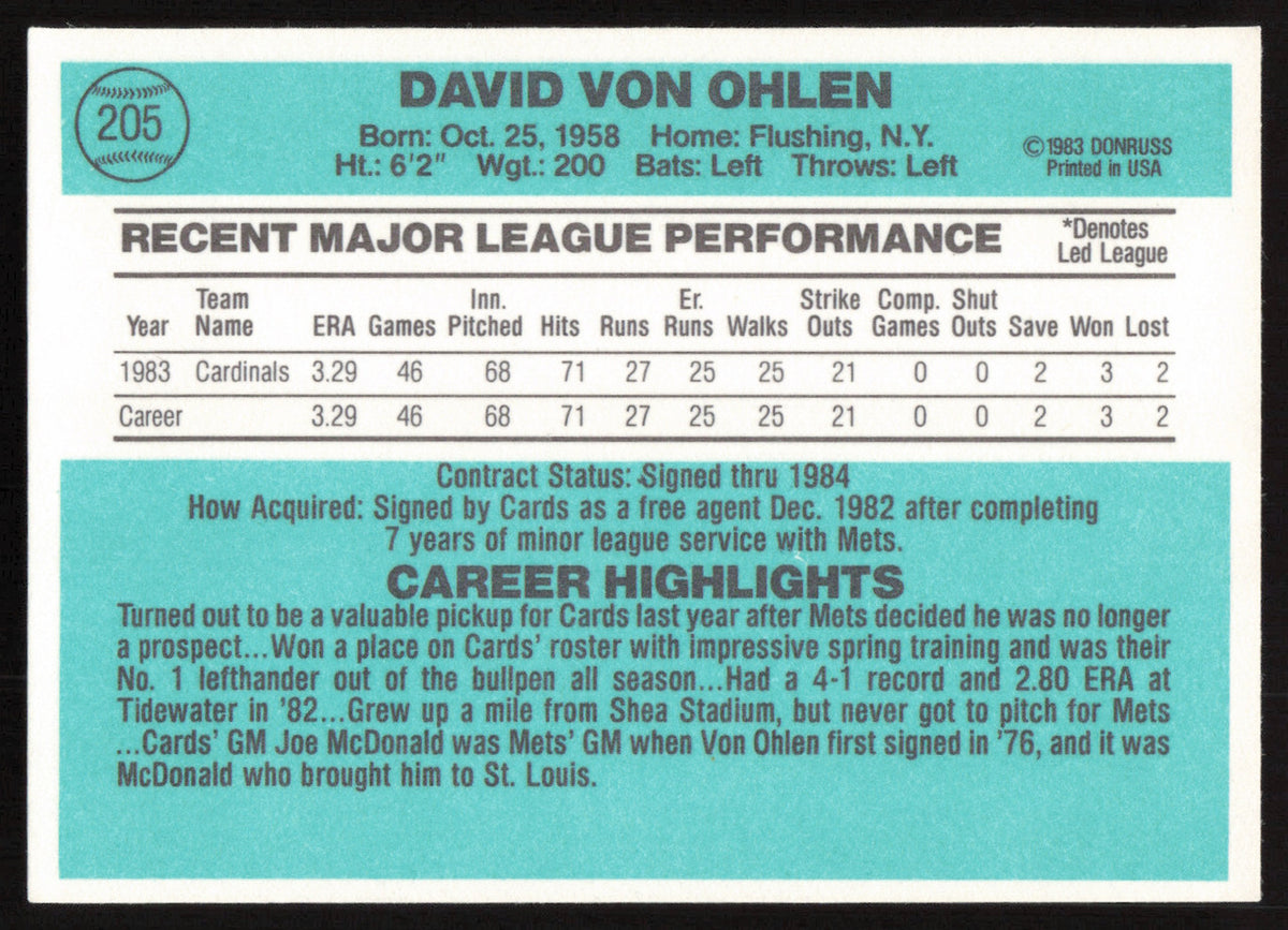 David Dave Von Ohlen Autographed 1984 Donruss Card #205 St. Louis Cardinals SKU #265126