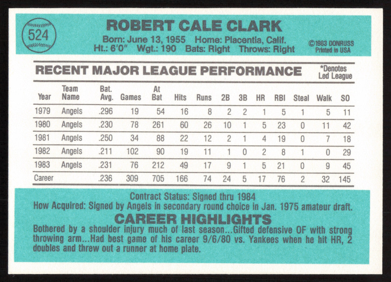 Bobby Clark Autographed 1984 Donruss Card #524 California Angels SKU #265138