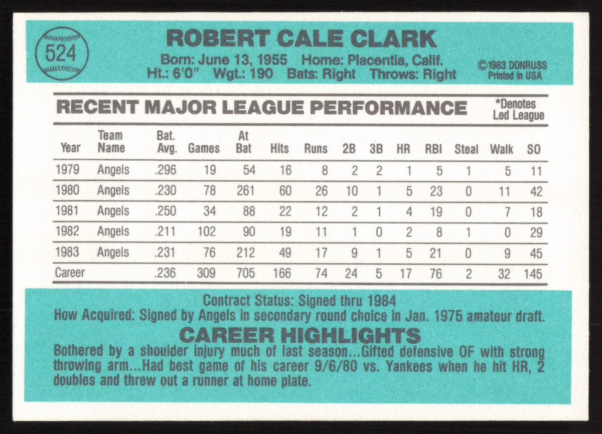 Bobby Clark Autographed 1984 Donruss Card #524 California Angels SKU #265139