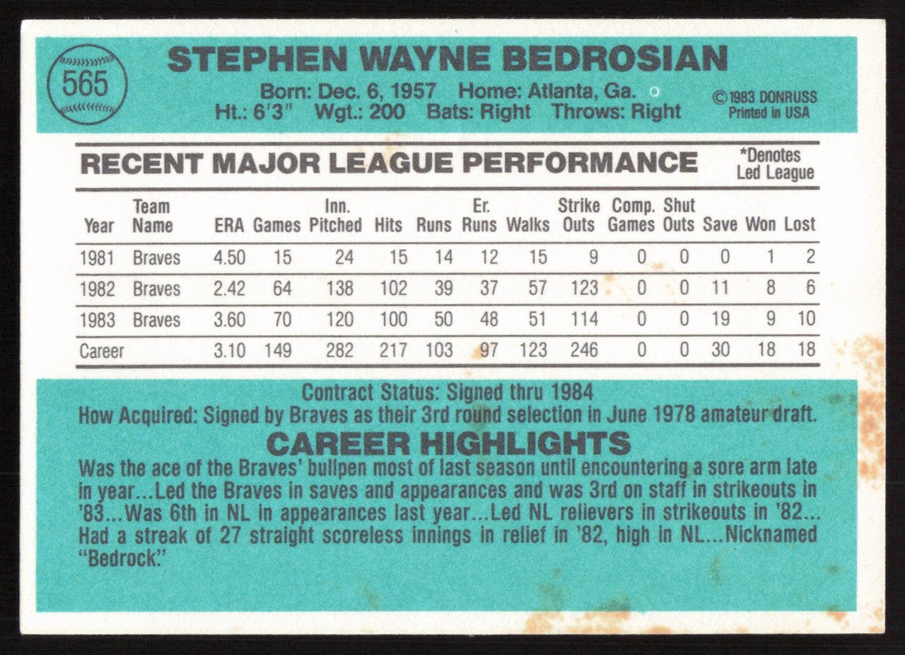 Steve Bedrosian Autographed 1984 Donruss Card #565 Atlanta Braves SKU #265140