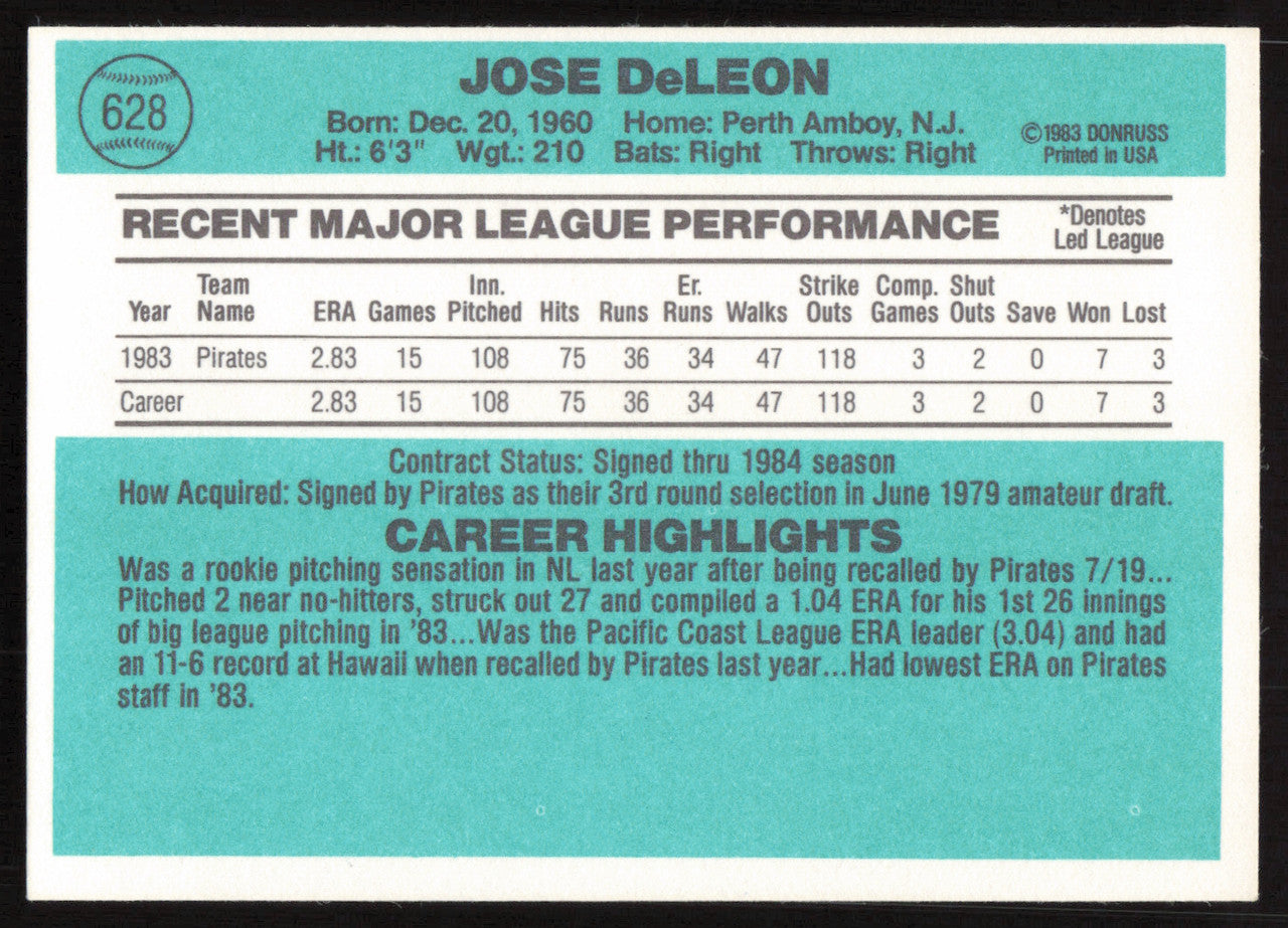 Jose DeLeon Autographed 1984 Donruss Card #628 Pittsburgh Pirates SKU #265142