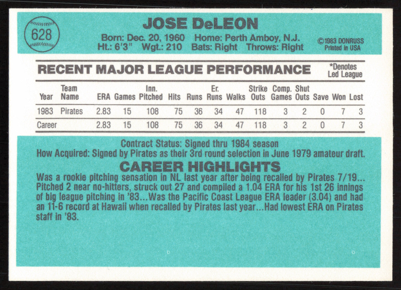 Jose DeLeon Autographed 1984 Donruss Card #628 Pittsburgh Pirates SKU #265143