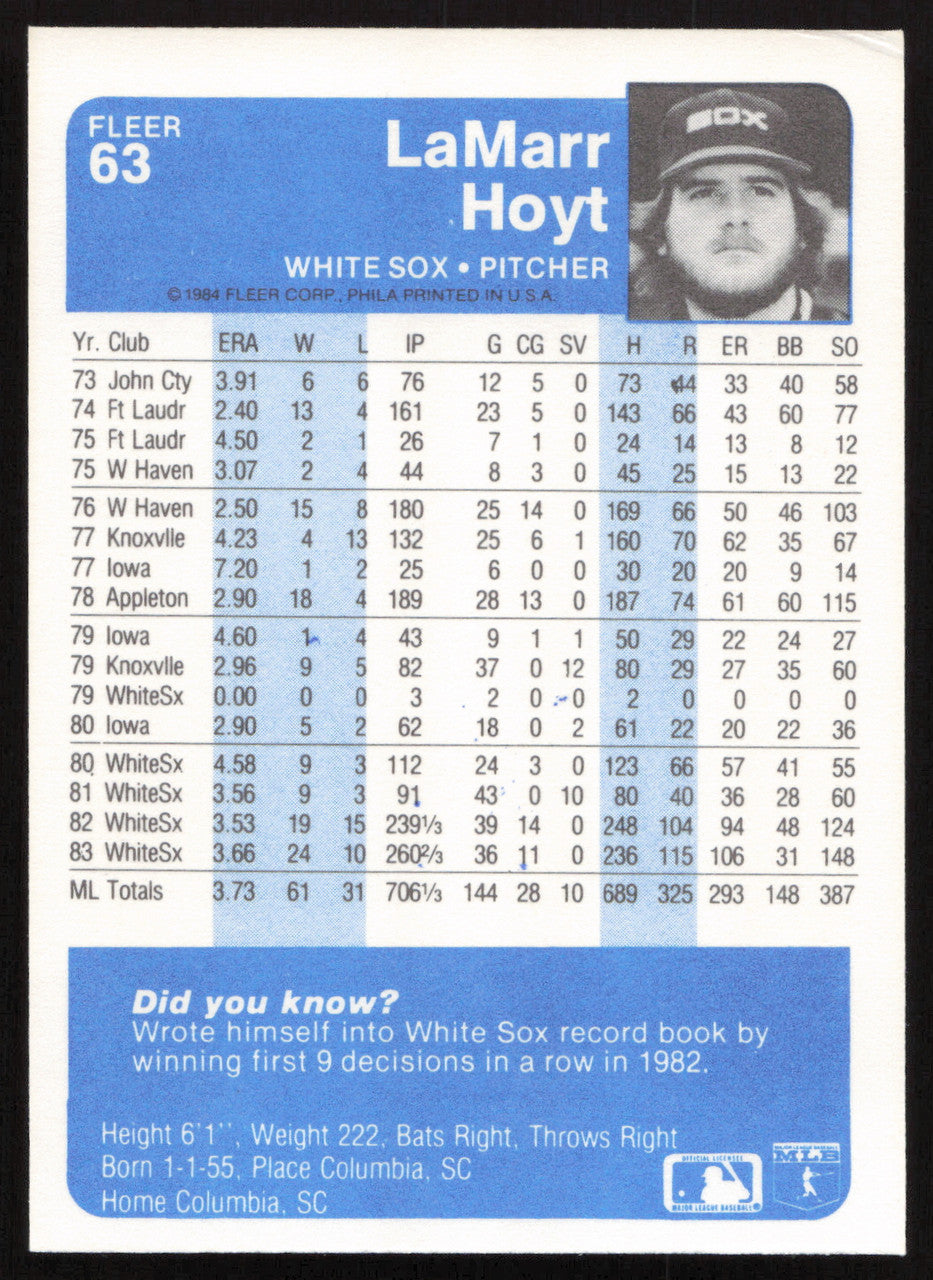 LaMarr Hoyt Autographed 1984 Fleer Card #63 Chicago White Sox SKU #265147