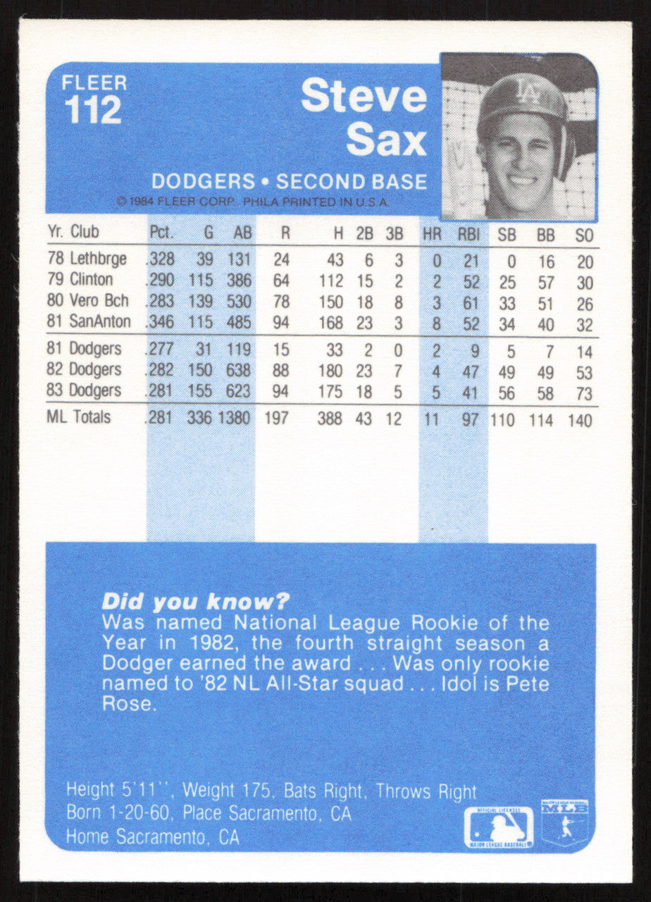 Steve Sax Autographed 1984 Fleer Card #112 Los Angeles Dodgers SKU #265152