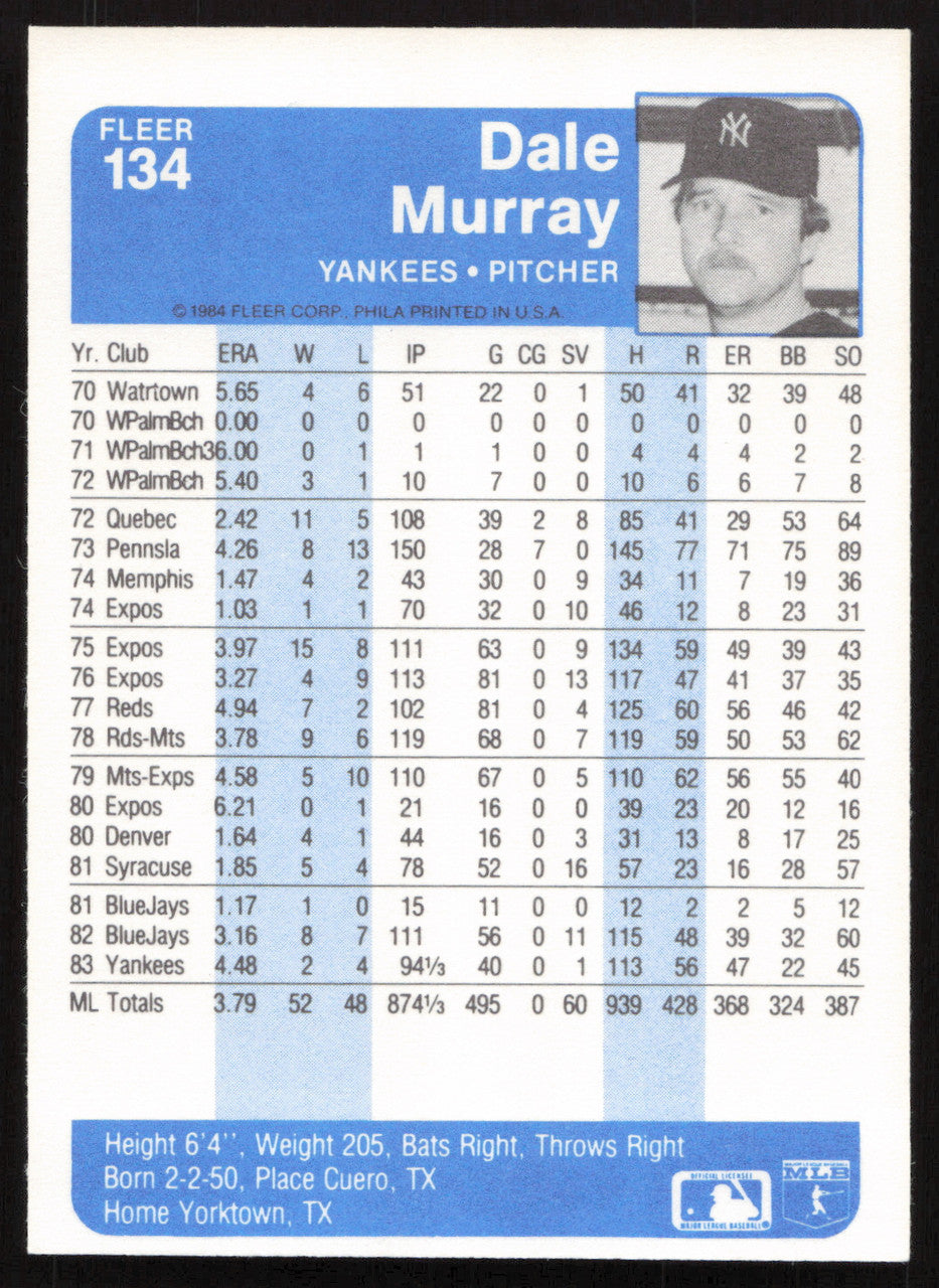 Dale Murray Autographed 1984 Fleer Card #134 New York Yankees SKU #265153