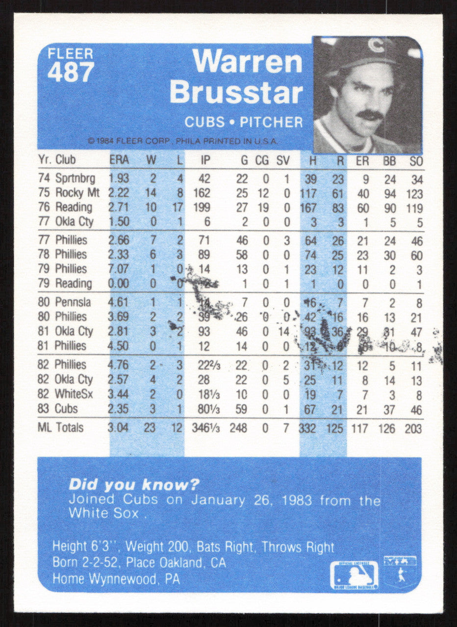 Warren Brusstar Autographed 1984 Fleer Card #487 Chicago Cubs SKU #265179