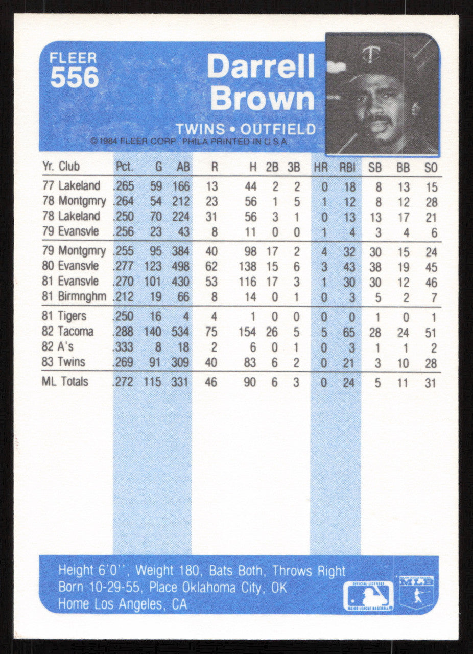 Darrell Brown Autographed 1984 Fleer Card #556 Minnesota Twins SKU #265185