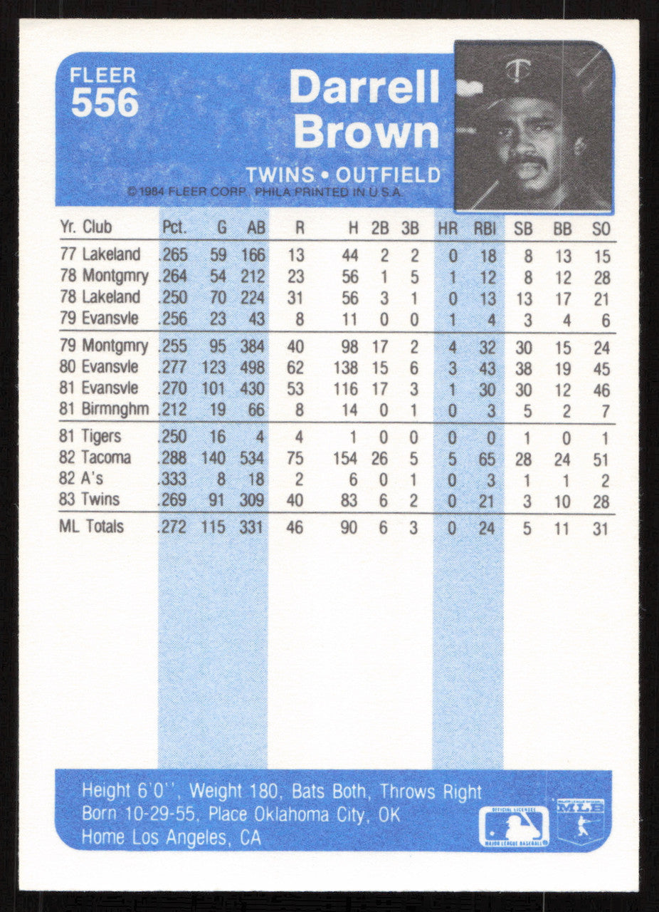 Darrell Brown Autographed 1984 Fleer Card #556 Minnesota Twins SKU #265186