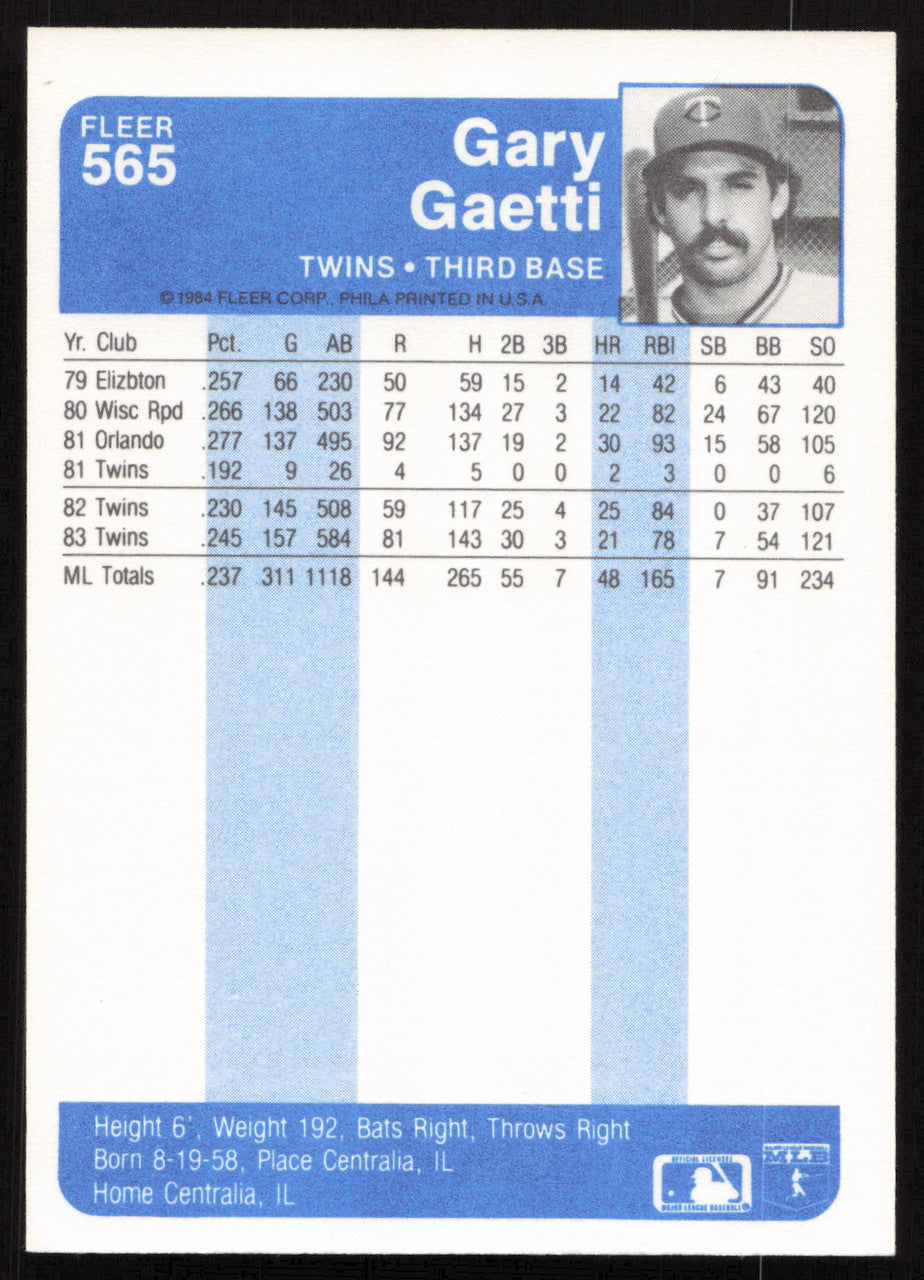 Gary Gaetti Autographed 1984 Fleer Card #565 Minnesota Twins SKU #265188