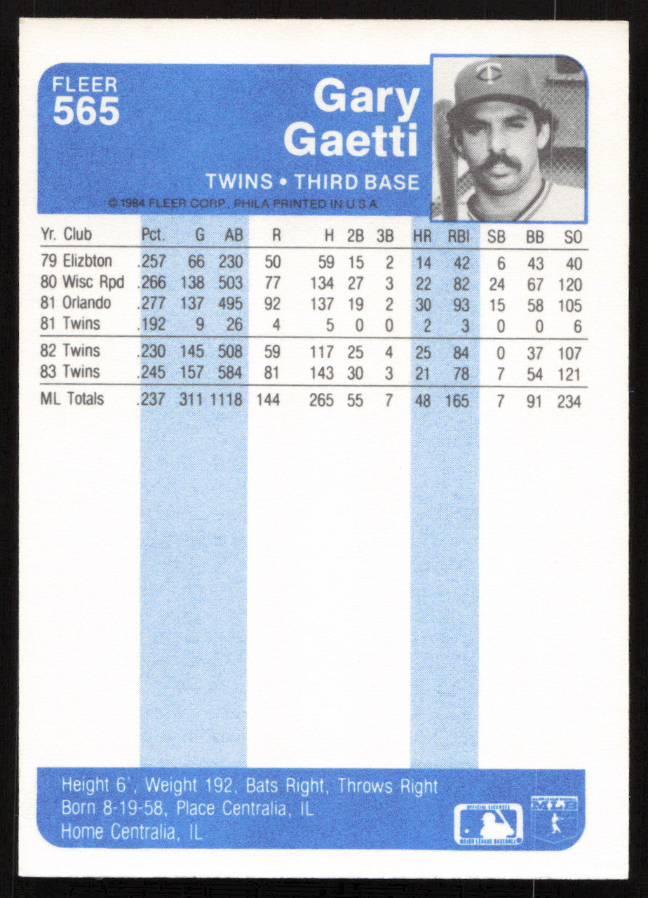 Gary Gaetti Autographed 1984 Fleer Card #565 Minnesota Twins SKU #265189