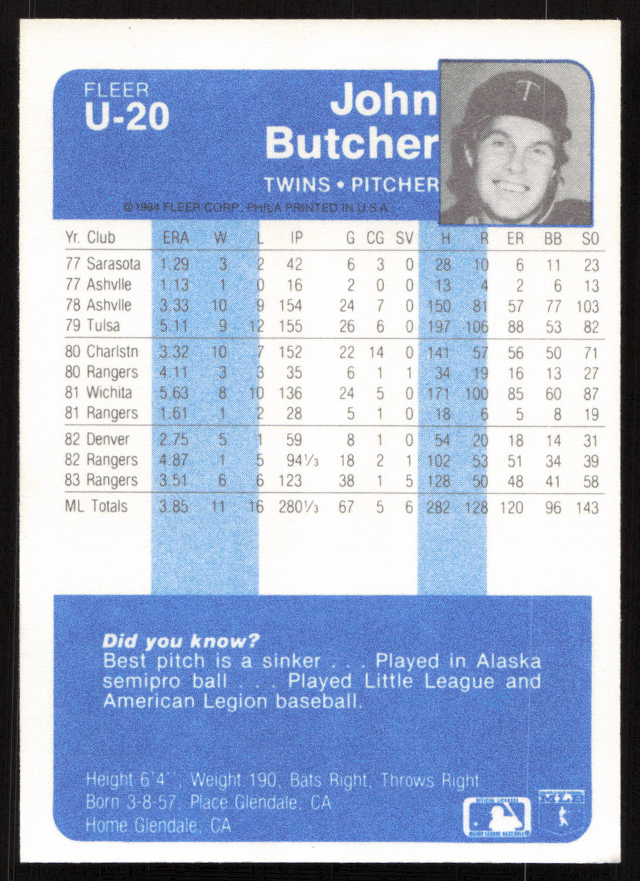 John Butcher Autographed 1984 Fleer Update Card #U-20 Minnesota Twins SKU #265195